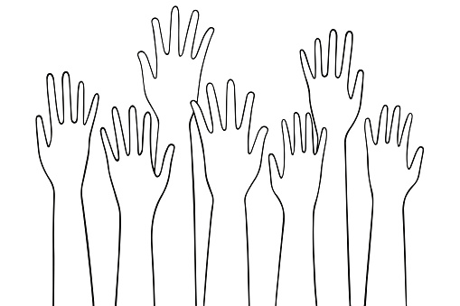Up hands. Many hands raised high. Concept of voting, democracy, teamwork, collaboration, volunteering. Black outlines isolated on a white background. Hand-drawn vector illustration.