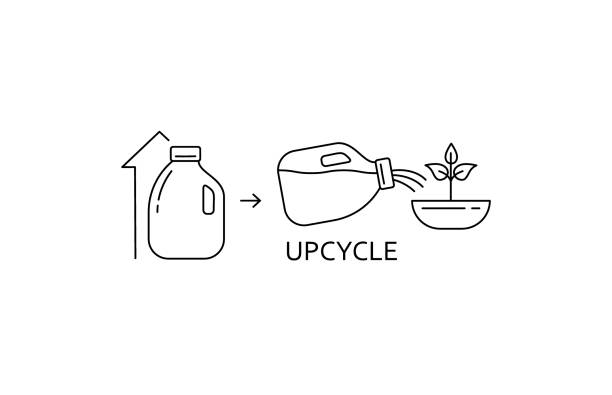 upcycle-konzept. plastikflaschen upcycling. sekundäre verwendung von plastikflaschen als bewässerungtopf. wiederverwendung und upcycling-zeichen. - upcycling stock-grafiken, -clipart, -cartoons und -symbole