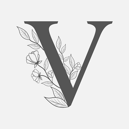 Uppercase Letter V With Flowers And Branches Vector Flowered Monogram