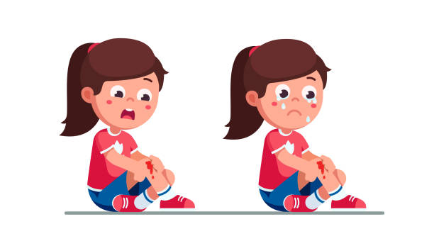 Upset and crying preschool girls kids holding painful wounded bleeded leg knee. Childhood activity injury hazard. Child cartoon characters flat vector clipart illustration. Worried and crying preschool girls kids holding painful wounded leg knee scratch with blood drips. Bleeding knee injury pain. Child cartoon characters set. Childhood injury  hazard. Flat vector illustration isolated 
 on white background. pain clipart stock illustrations