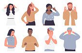 Upset annoyed people vector illustration set isolated. Cartoon sad unhappy disappointed adult characters bad failure situation, with face palm gesture, touch head in headache, disappointment or shame