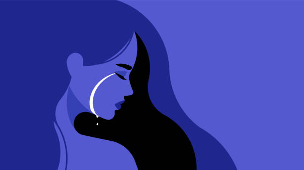 расстроенная молодая женщина плачет на синем фоне. портрет сбоку. грустная женщина испытывает стресс, беспокойство, страх, разлуку. векторн - violence against women stock illustrations