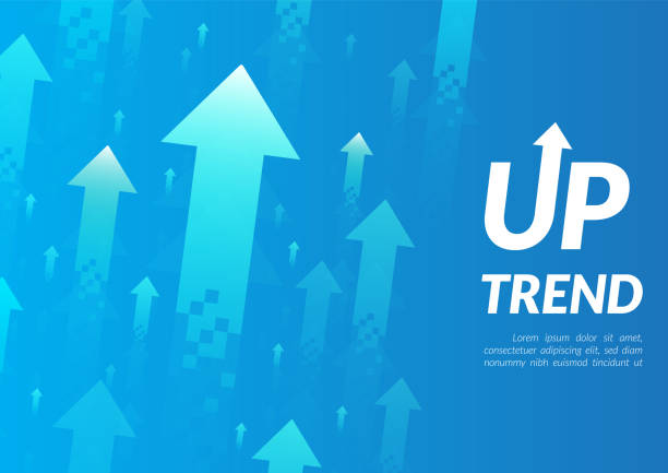 Uptrend abstract background. A group of digital green and blue arrows points up in the air shows about feeling that rise, growth, motivation, hope, and more positive meaning. growth backgrounds stock illustrations