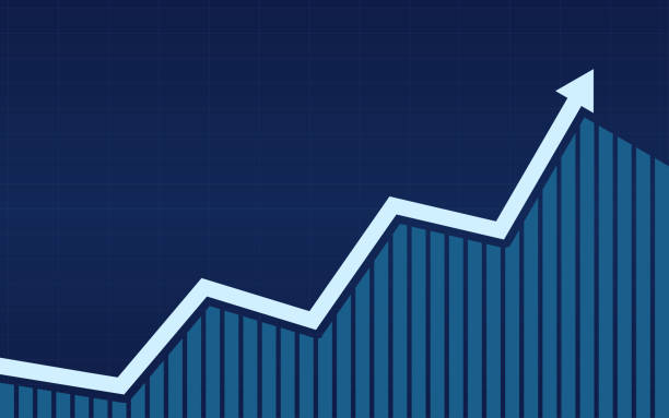 ilustrações de stock, clip art, desenhos animados e ícones de uptrend line arrows with bar chart in stock market on blue color background - grow