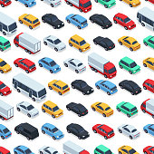 Urban cars seamless texture. Vector background. Isometric cars. Seamless pattern color car illustration