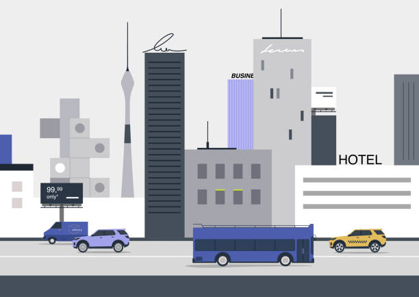 ilustrações de stock, clip art, desenhos animados e ícones de urban cityscape, vehicles, buildings and billboards, big city life - car city