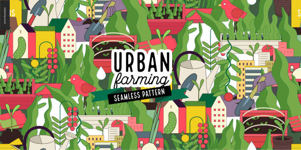 Urban farming and gardening pattern Urban farming, gardening or agriculture seamless pattern. urban garden stock illustrations