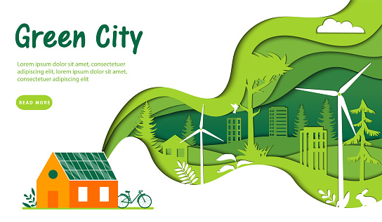 Urban Green City Concept. Huge Green Wave With Green City And Nature Pictured Inside Connecting To The House With Solar Panels Fitted To The Roof. Flat Style Vector Illustration On White Background