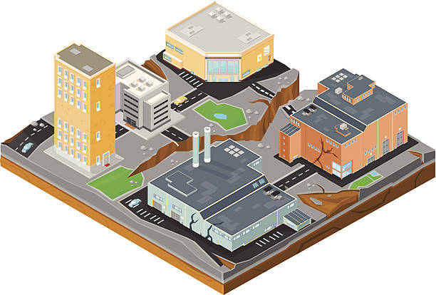 Urban Isometric Earthquake Disaster A vector illustration of an earthquake taking place in an urban scene. crevice stock illustrations