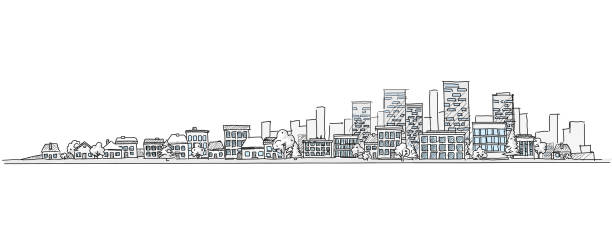 Urban Landscape Hand Drawing with City Skyline Background Flat vector cartoon illustration of hand drawing urban landscape with skyline, city office buildings and family houses in small town village in background. Isolated and layered doodle line sketch. city drawings stock illustrations