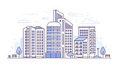 Urban landscape - modern thin line design style vector illustration on white background. Purple colored high quality composition with skyscrapers, lantern, bench, trees, bin. City architecture concept