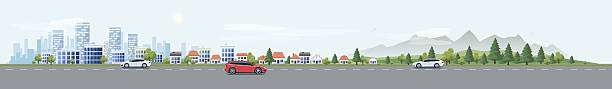 Urban Landscape Street Road with Cars and City Nature Background vector art illustration