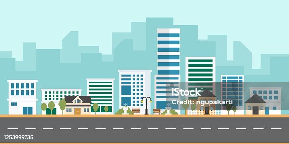 istock Urban landscape vector with modern buildings and suburb with private houses on a background. Housing apartment and city life. Cityscape with houses and town, flat illustration cartoon style. 1253999735