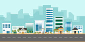 istock Urban landscape vector with modern buildings and suburb with private houses on a background. Housing apartment and city life. Cityscape with houses and town, flat illustration cartoon style. 1253999735
