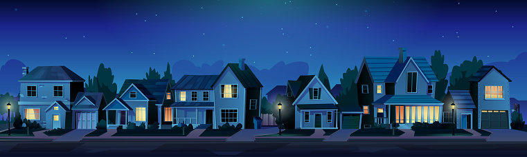 Urban or suburban neighborhood at night, houses with lights, late evening or midnight. Vector homes with garages,trees and driveway. Suburb village landscape with cottage buildings, street lamps