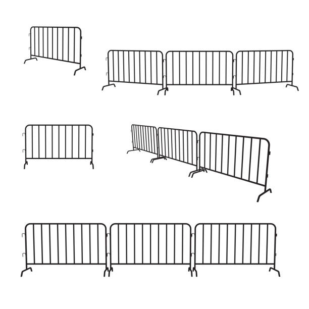 ilustrações, clipart, desenhos animados e ícones de barreira de aço portátil urbana. silhueta preta de uma cerca da barreira em um fundo branco. - cerca