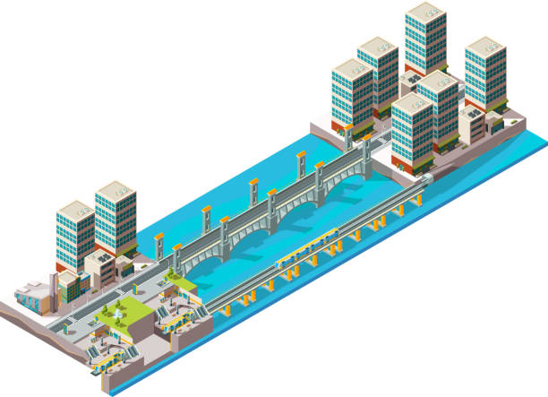 Urban river. City landscape with low poly buildings and bridge big viaduct vector isometric Urban river. City landscape with low poly buildings and bridge big viaduct vector isometric. Bridge over river in city, urban architecture illustration traffic borders stock illustrations