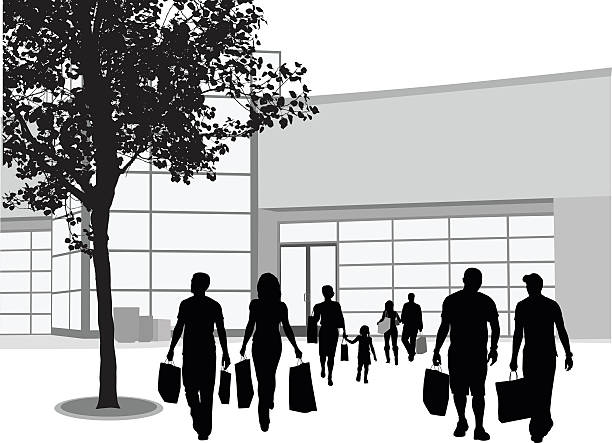 Urban Shopping Center A vector silhouette illustration of a corwd of people leaving a shopping center with their purchases.  Two male friends and a young couple walk side-by-side away from the building entrance beside a tree in the parking lot. store silhouettes stock illustrations