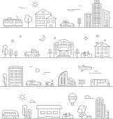 Urban traffic. Linear transportation symbols isolate. City road and transport, cityscape outline, vector illustration