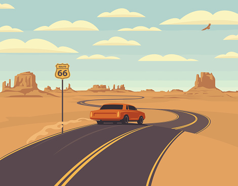 Vector illustration of a highway and a receding red car in the desert and mountains. Summer landscape with an endless road. Historic US Route 66, roadway with a sign, a horizon with a sandy wasteland