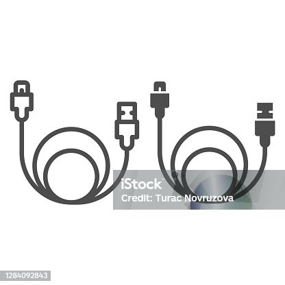 istock Usb cable line and solid icon, smartphone equipment concept, wire for data transmission sign on white background, usb cable for charging smartphone icon in outline style. Vector graphics. 1284092843