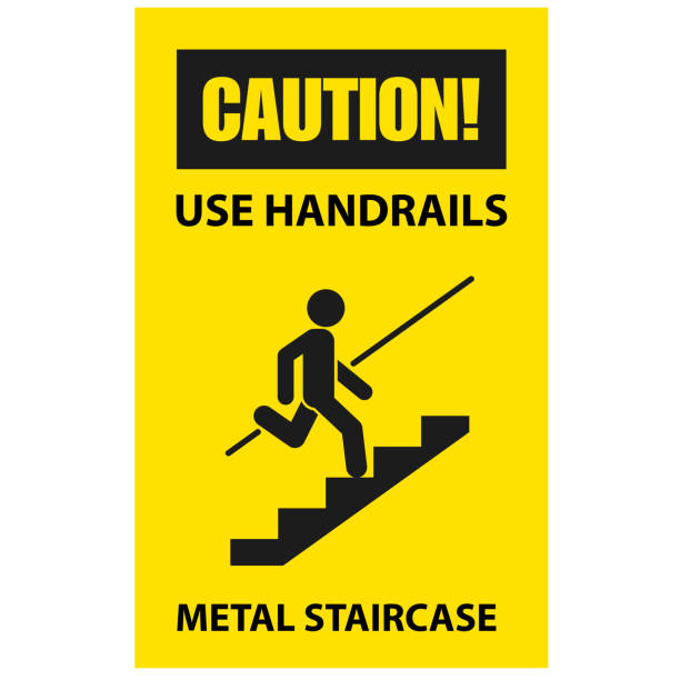 Use handrails to avoid a fall - caution of stairway, sign Use handrails to avoid a fall - caution of stairway, sign bannister stock illustrations