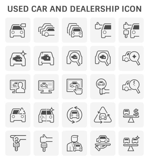 used car icon Used car and dealership icon set for used car business design. used car sale stock illustrations