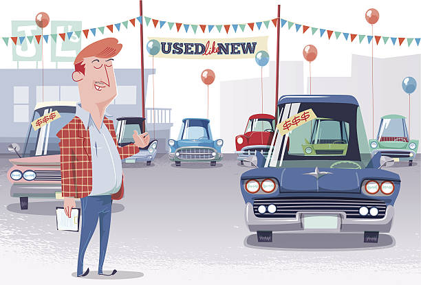 Used Car Lot Salesman Joe Lemon's famously used like new selection of vintage 60's cars, easy financing available. used car sale stock illustrations