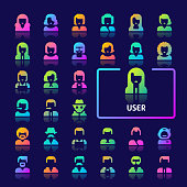 EPS10 gradient vector icons related to users, profile picture & profession. Symbols such as users with different types of clothes & hair are included.