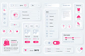 User interface elements for shopping mobile app. Unique neumorphic design UI, UX, GUI, KIT elements template. Neumorphism style. Different form, components, button, menu, shopping vector icons.