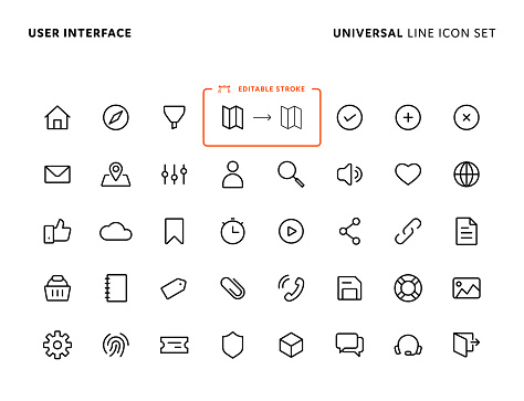 User Interface Concept Basic Line Icon Set with Editable Stroke. Icons are Suitable for Web Page, Mobile App, UI, UX and GUI design.