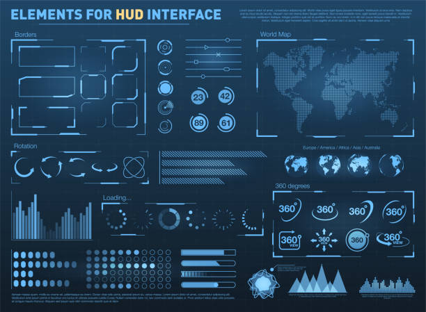 HUD user interface with vector elements. Interactive screen with control panel. Futuristic HUD UI HUD user interface with vector elements. Interactive screen with control panel. Futuristic HUD UI with infographic elements. Vector collection stock illustrations