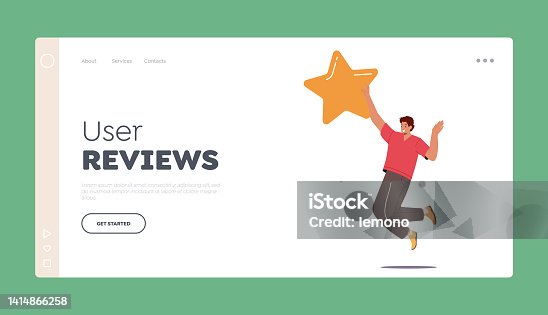 istock User Reviews Landing Page Template. Cheerful Male Character Holding Huge Golden Star. Feedback, Recommendation Rate 1414866258