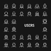 Simple white line icons isolated over black background related to users, avatars and profile pictures. Vector signs and symbols collections for website and design template.