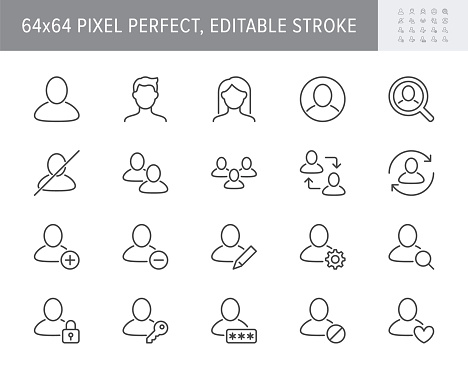 Users line icons. Vector illustration include icon - head, member, face, member, people, login, woman, man, teamwork outline pictogram for default profile avatar. 64x64 Pixel Perfect, Editable Stroke.