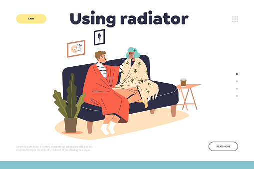 Using radiator concept of landing page with young couple sit on couch under warm blankets indoors