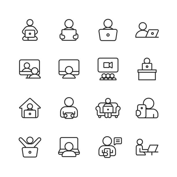 ilustrações de stock, clip art, desenhos animados e ícones de using technology line icons. editable stroke. pixel perfect. for mobile and web. contains such icons as smartwatch, smartphone, laptop,tablet, keyboard, video games, e-reader, notification, taking selfie, work from home, video conference, technology. - keyboard computer hands