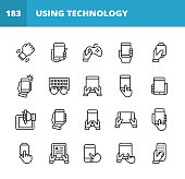 20 Using Technology Outline Icons. Smartwatch Notification, Holding Smartphone, Using Technology, Playing Video Games, Taking Selfie, Taking Photograph, Typing, Holding Digital Tablet, Tap Gesture,  Pressing the Button, Drawing or Painting on Digital Tablet, Reading E-Book, Tablet, Smartphone, Mobile Phone, Laptop, Desktop Computer, Gaming Console, Smartwatch, Video Conference, Online Messaging, Text Messaging, Online Video, Working From Home.