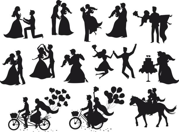 ust married , newlyweds, bride and groom  silhouettes set. Just married , newlyweds, bride and groom  silhouettes set. Happy Couple celebrating marriage, dancing, kissing, hugging, holding each other in arms, cut cake, riding bike and horse, jumping after ceremony wedding silhouettes stock illustrations