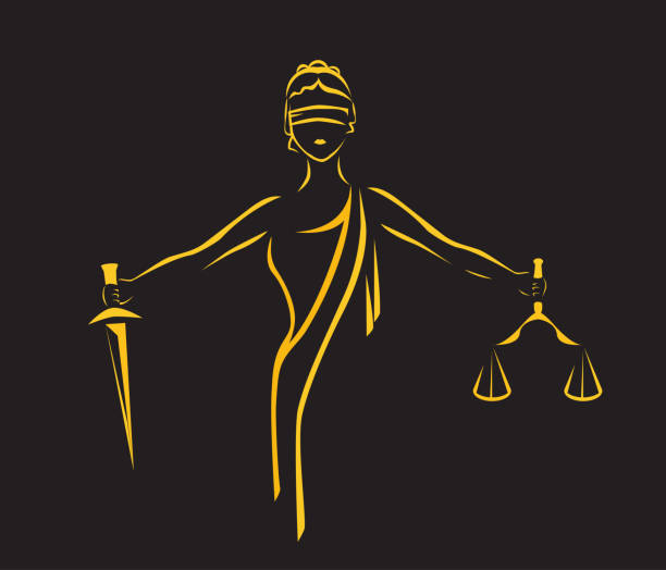 ustice Goddess Themis Justice Goddess Themis, lady justice Femida. Stylized contour vector. Blind woman holding scales and sword. lawyer stock illustrations