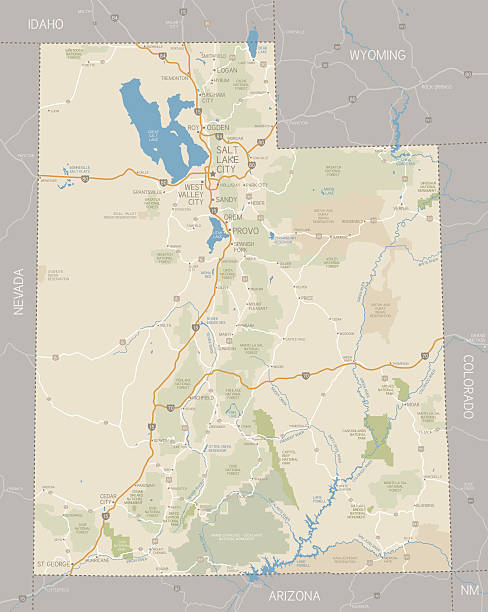 Utah Map A detailed map of Utah state with cities, roads, major rivers and lakes, national forests, national parks and monuments. Includes neighboring states and surrounding water.  utah stock illustrations