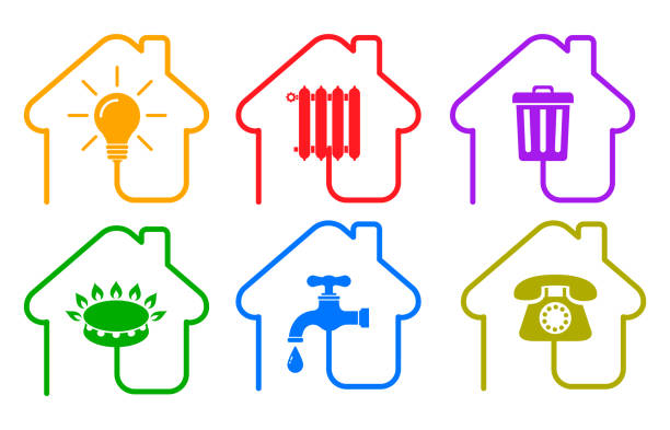 versorgungssymbole im flachen stil: wasser, gas, beleuchtung, heizung, telefon, abfall – lagervektor - heizung stock-grafiken, -clipart, -cartoons und -symbole