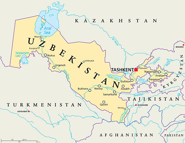 Uzbekistan Political Map Uzbekistan political map with capital Tashkent, national borders, important cities, rivers and lakes. Doubly landlocked country and republic in Central Asia. English labeling. Illustration. uzbekistan stock illustrations