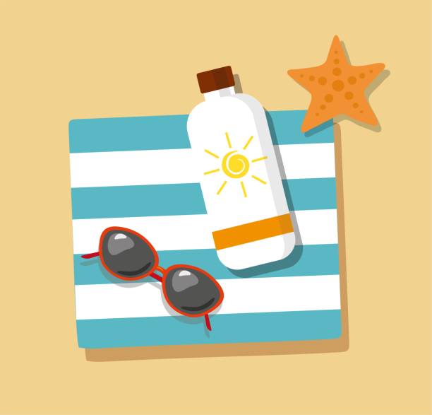 ilustraciones, imágenes clip art, dibujos animados e iconos de stock de vacaciones. flip-flop en la arena con la toalla, gafas de sol y crema de bronceado - sunscreen