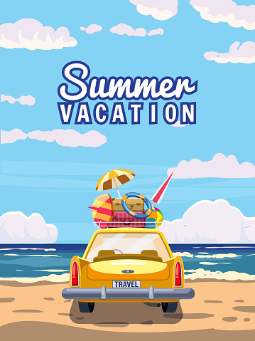 Vacation travel yellow car with luggage bags, surfboard on the beach. Tropical seachore, sea, ocean, back view. Vector illustration retro cartoon style isolated