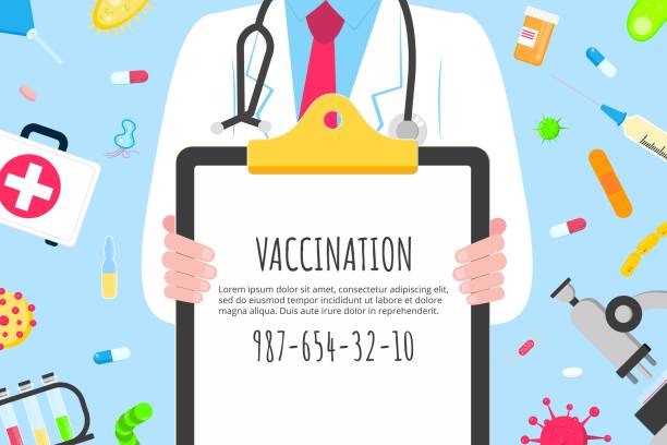 疫苗接種橫幅概念扁平風格設計海報。男醫生雇員拿著剪貼簿, 拿著醫院的設備和藥品。醫療意識流感, 脊髓灰質炎流感橫幅。 - polio 幅插畫檔、美工圖案、卡通及圖標