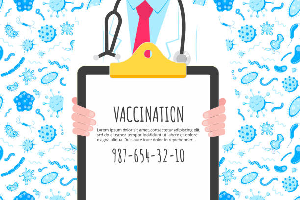 Vaccination banner concept flat style design poster. Male man doctor employee on it holding clipboard and arounded with hospital equipment and medicines. Medical awareness flu, polio influenza banner. Vaccination banner concept flat style design poster. Male man doctor employee on it holding clipboard and arounded with hospital equipment and medicines. Medical awareness flu, polio influenza banner. doctor borders stock illustrations