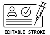 Vaccination certificate against covid-19 with check mark and medical syringe. Passport for travel in time pandemic. Medical record. Immunization concept. Editable stroke. Vector outline icon