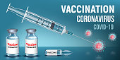 Banner vaccination against Coronavirus Covid-19. Ampoules, vaccine vials. Syringe with injection. 3d realistic vector illustration