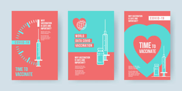 COVID-19 vaccination concept design. Set of covers, banners or posters with Time to vaccinate text and syringe with vaccine COVID-19 vaccination concept design. Set of covers, banners or posters with Time to vaccinate text, syringe with vaccine and quotes why vaccination is safe and important. poster icons stock illustrations